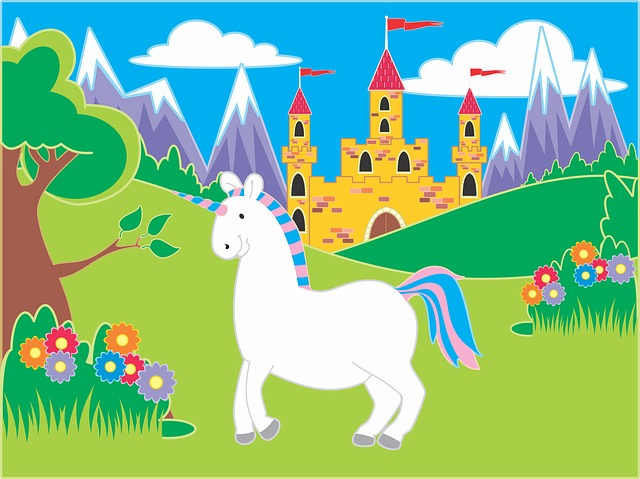 2 images - 1. Cartoon Unicorn and fairy castle. 2. inverted unicorn and fairy castle